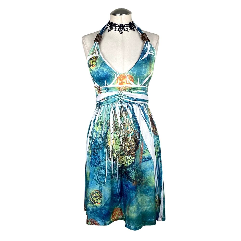 Y2K Ingear Rhinestone Summer Swimsuit Dress Boho Whimsy Fairy Halter Ruched Sz S